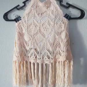 Blush pink crochet tassel open back crop top